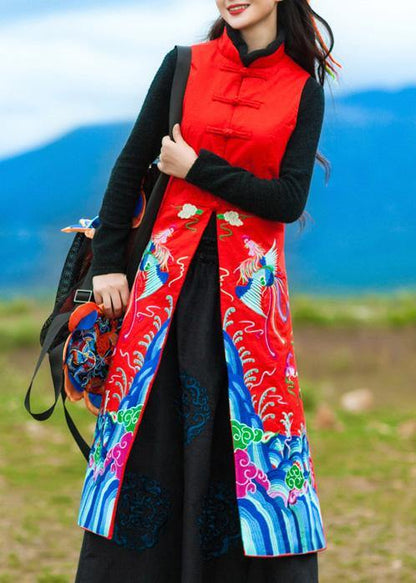 Classy Red Long Coats Work Side Open Embroidery Outwear