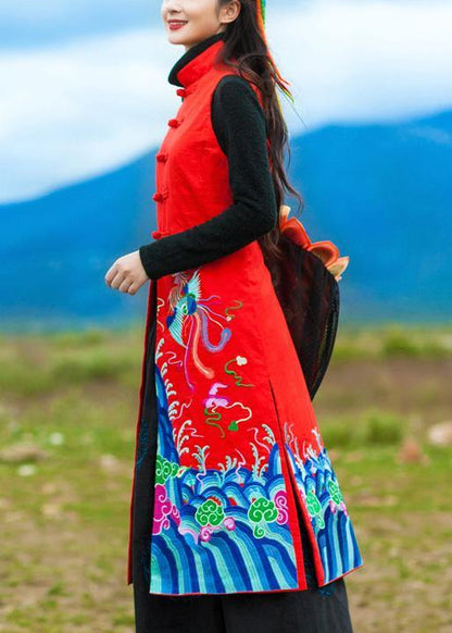 Classy Red Long Coats Work Side Open Embroidery Outwear