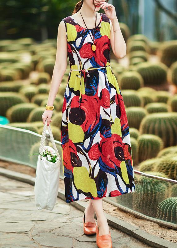 Classy Red Linen Dress Fine Photography O Neck Tunic Summer Dress
