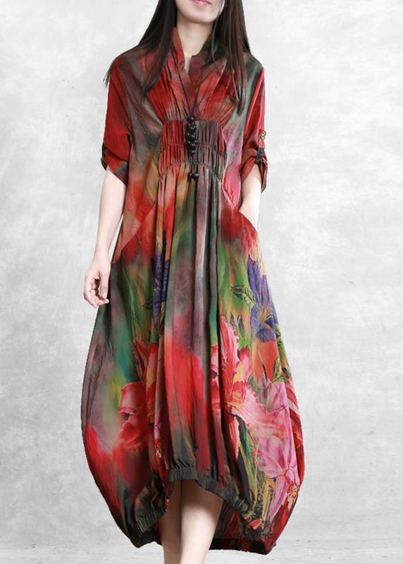 Classy Red Print Dress V Neck Cinched Long Summer Dresses