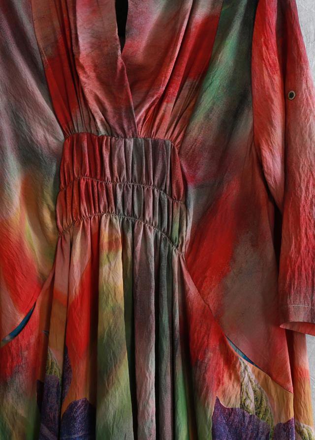 Classy Red Print Dress V Neck Cinched Long Summer Dresses