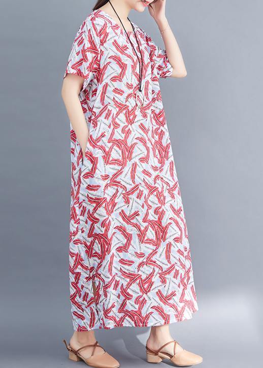 Classy Red Prints Cotton Tunic Dressvintage Sewing Side Open Traveling Summer Dresses