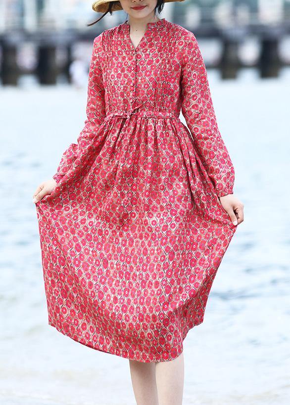 Classy Red Prints Linen Clothes V Neck Art Spring Dresses