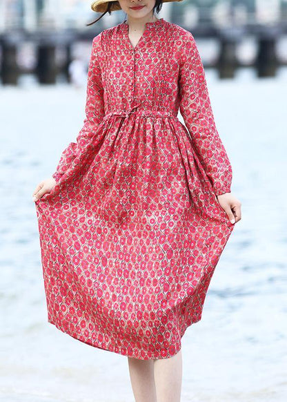 Classy Red Prints Linen Clothes V Neck Art Spring Dresses