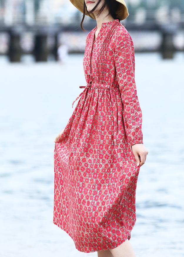 Classy Red Prints Linen Clothes V Neck Art Spring Dresses