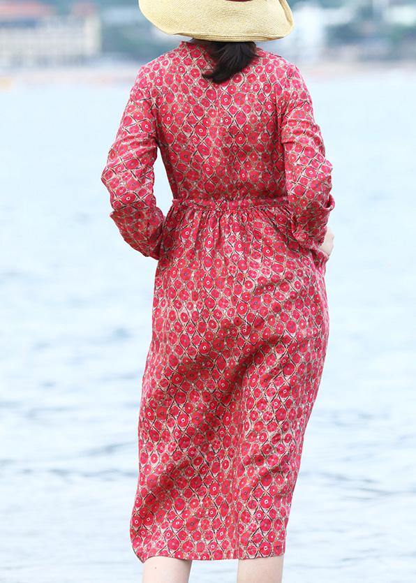 Classy Red Prints Linen Clothes V Neck Art Spring Dresses