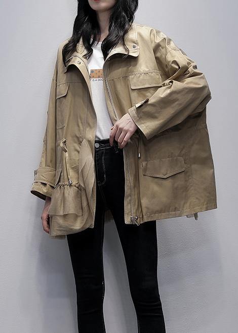 Classy Stand Collar Outwear Khaki Patchwork Tulle Loose Coats