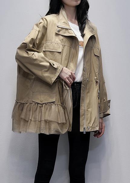 Classy Stand Collar Outwear Khaki Patchwork Tulle Loose Coats