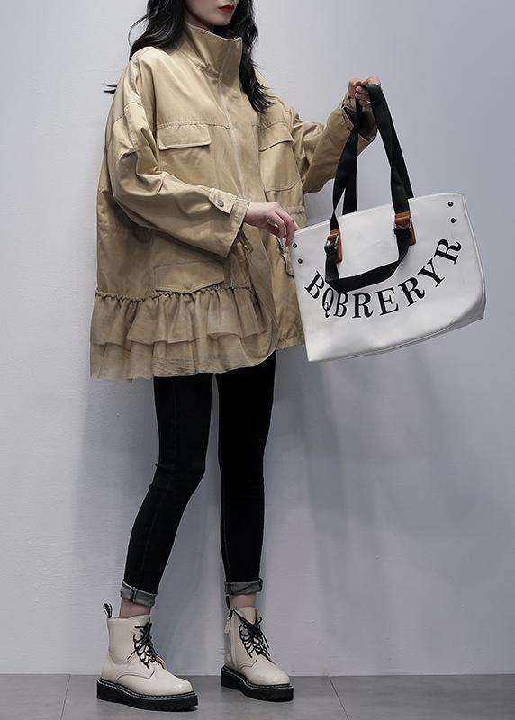 Classy Stand Collar Outwear Khaki Patchwork Tulle Loose Coats