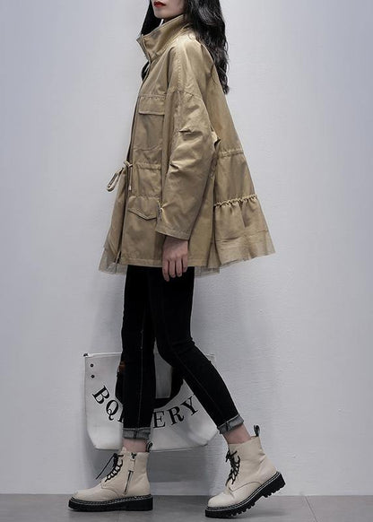 Classy Stand Collar Outwear Khaki Patchwork Tulle Loose Coats