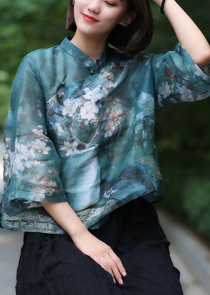 Classy Stand Collar Linen Summer Shirts Cotton Green Print Shirt