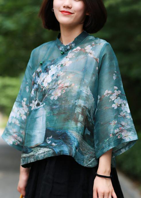 Classy Stand Collar Linen Summer Shirts Cotton Green Print Shirt