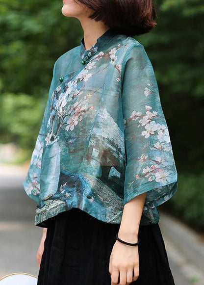 Classy Stand Collar Linen Summer Shirts Cotton Green Print Shirt