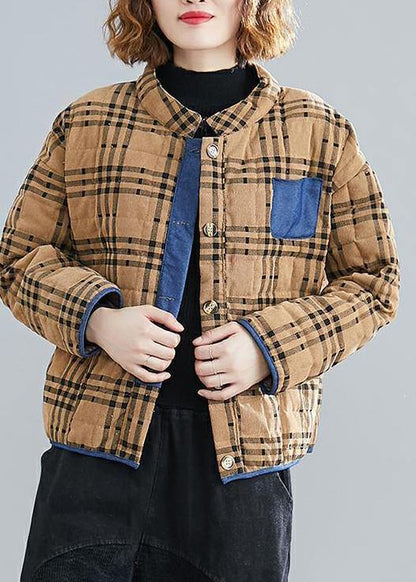 Classy Stand Collar Patchwork Clothes for Runway Khaki Plaid Tops