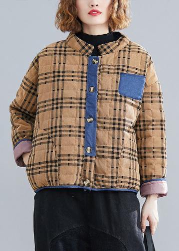 Classy Stand Collar Patchwork Clothes for Runway Khaki Plaid Tops