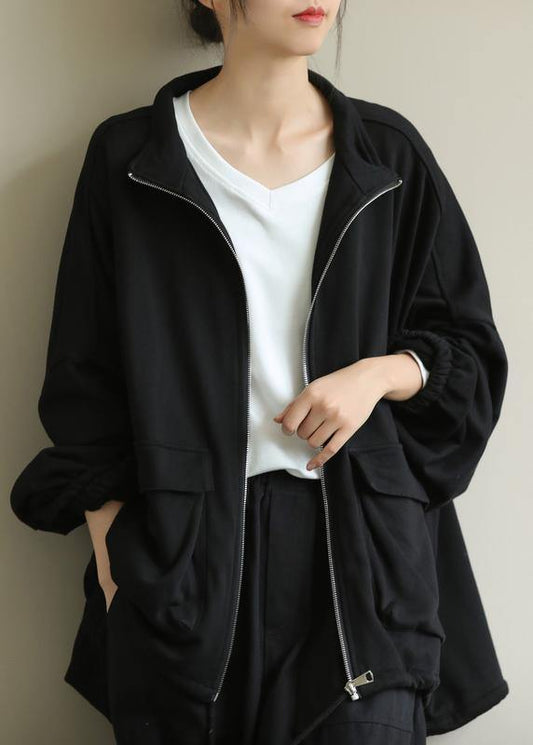 Classy Stand Collar Zippered Clothes for Black Midi Coats
