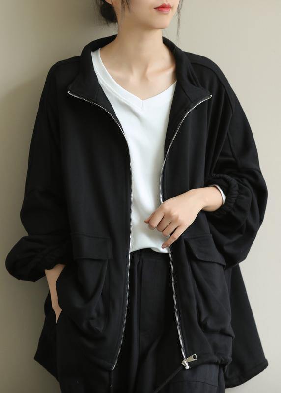 Classy Stand Collar Zippered Clothes for Black Midi Coats