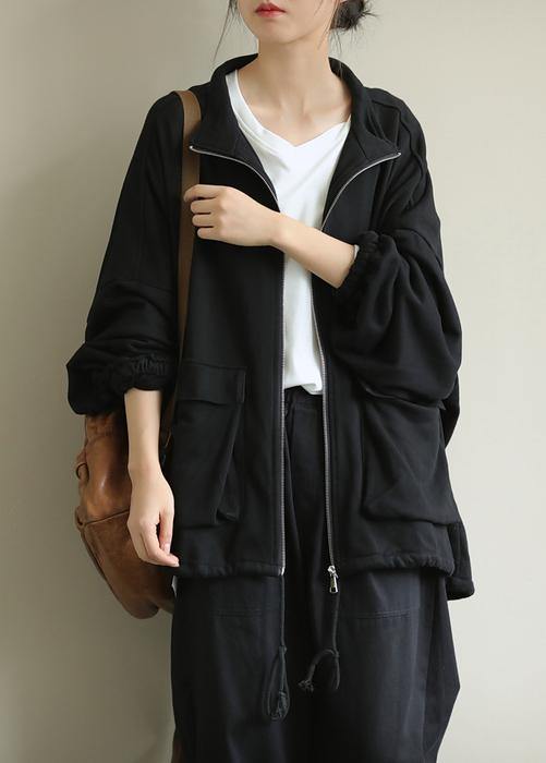 Classy Stand Collar Zippered Clothes for Black Midi Coats