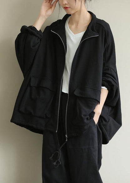 Classy Stand Collar Zippered Clothes for Black Midi Coats