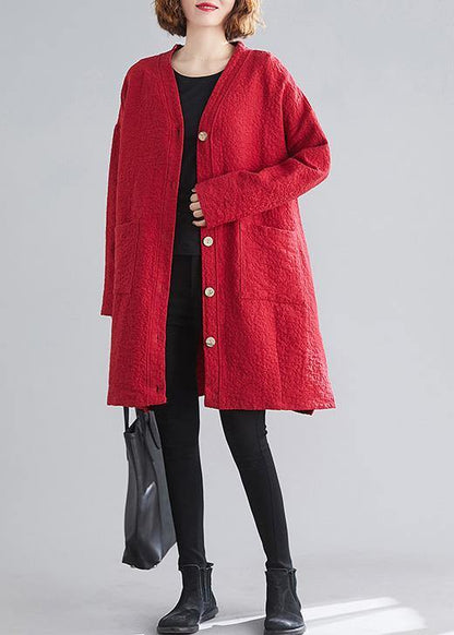 Classy V Neck Button Fine Coats Red Daily Outwear