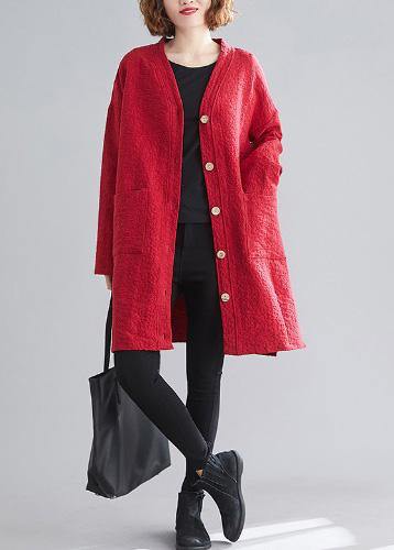 Classy V Neck Button Fine Coats Red Daily Outwear