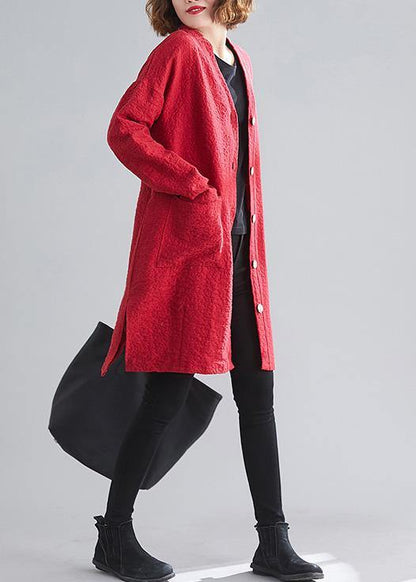 Classy V Neck Button Fine Coats Red Daily Outwear