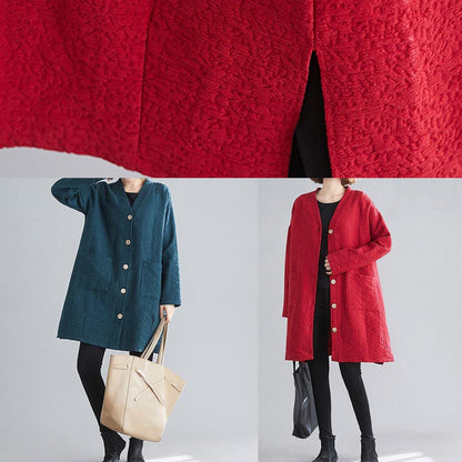 Classy V Neck Button Fine Coats Red Daily Outwear