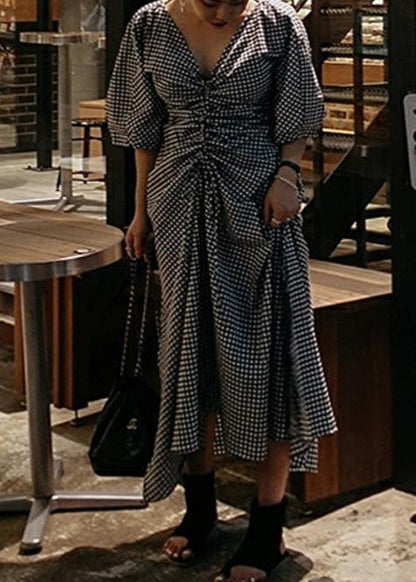 Classy V Neck Asymmetric Cotton Long Shirts Runway Plaid Dress