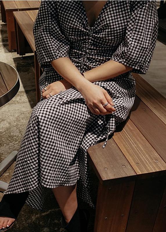 Classy V Neck Asymmetric Cotton Long Shirts Runway Plaid Dress