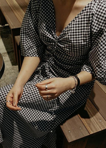 Classy V Neck Asymmetric Cotton Long Shirts Runway Plaid Dress