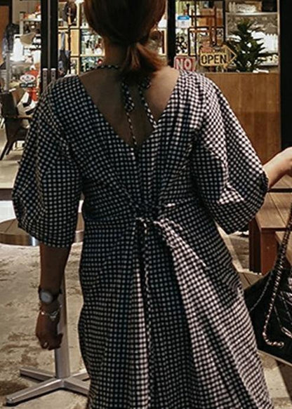 Classy V Neck Asymmetric Cotton Long Shirts Runway Plaid Dress