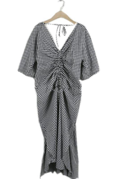 Classy V Neck Asymmetric Cotton Long Shirts Runway Plaid Dress