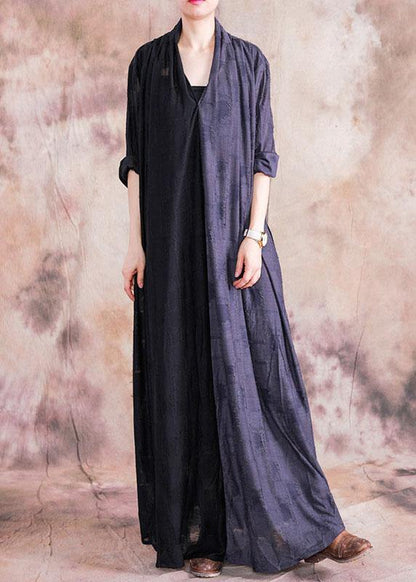 Classy V Neck Asymmetric Linen Outfit Black Patchwork Gray Dress Fall