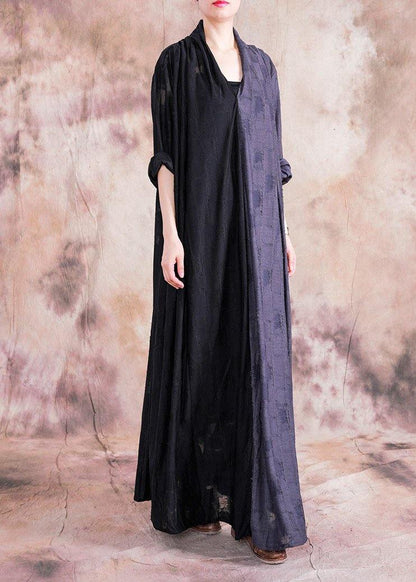 Classy V Neck Asymmetric Linen Outfit Black Patchwork Gray Dress Fall
