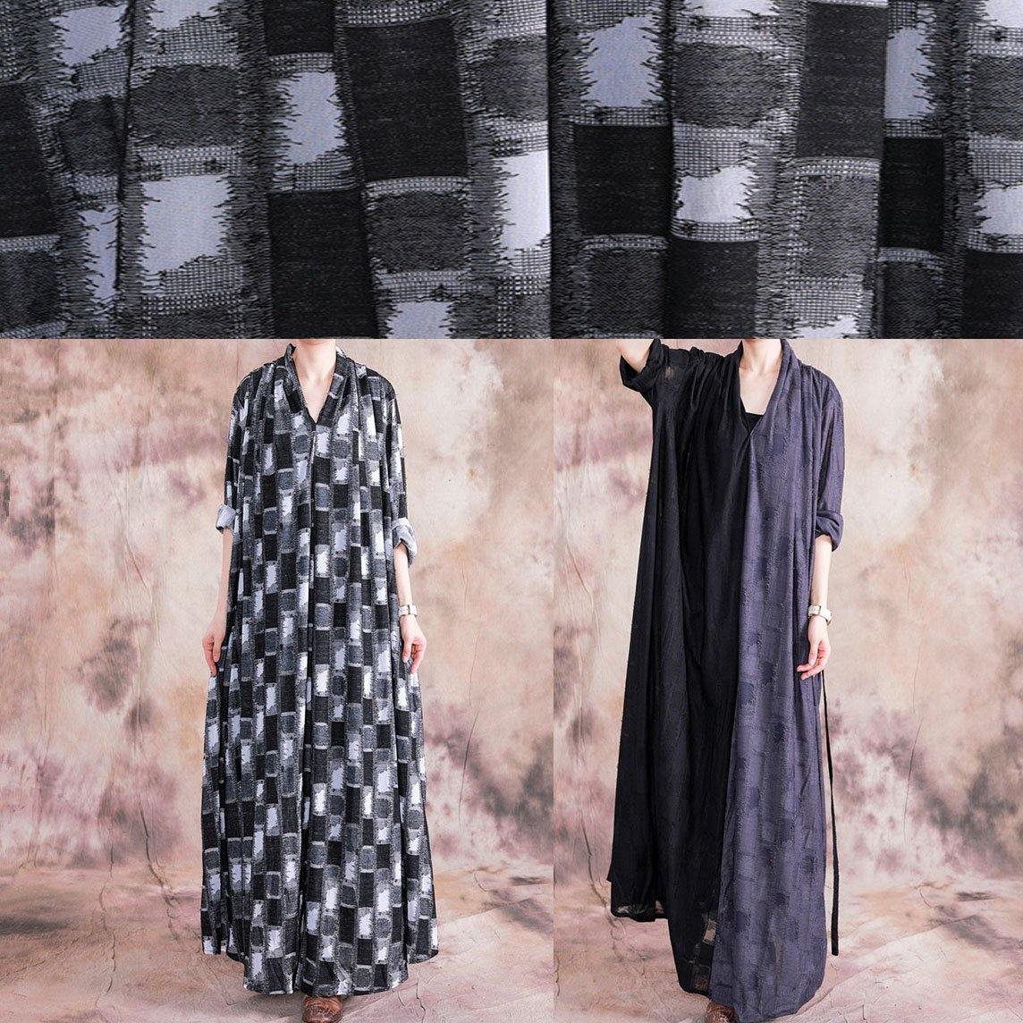 Classy V Neck Asymmetric Linen Outfit Black Patchwork Gray Dress Fall