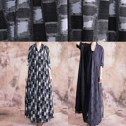 Classy V Neck Asymmetric Linen Outfit Black Patchwork Gray Dress Fall