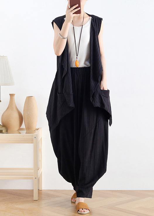 Classy V Neck Asymmetric Linen Summer Top Neckline Black Blouse