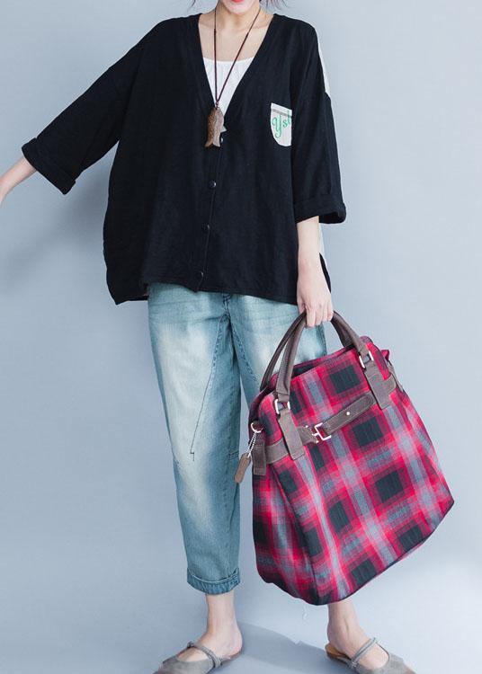 Classy V Neck Cotton Tops Black Prints Shirts Summer