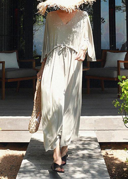 Classy V Neck Drawstring Cotton Clothes Gray Maxi Dresses