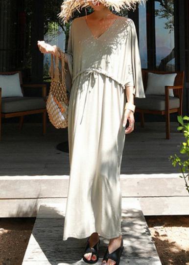 Classy V Neck Drawstring Cotton Clothes Gray Maxi Dresses