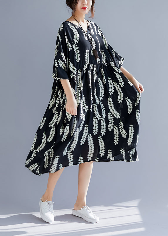 Classy V Neck Large Hem Linen Clothes for Catwalk Black Print Cotton Dresses Summer