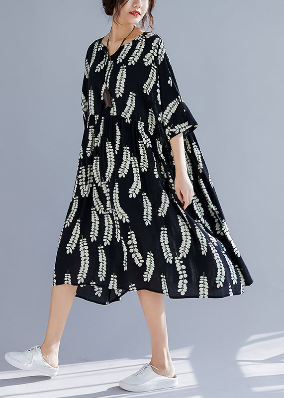 Classy V Neck Large Hem Linen Clothes for Catwalk Black Print Cotton Dresses Summer
