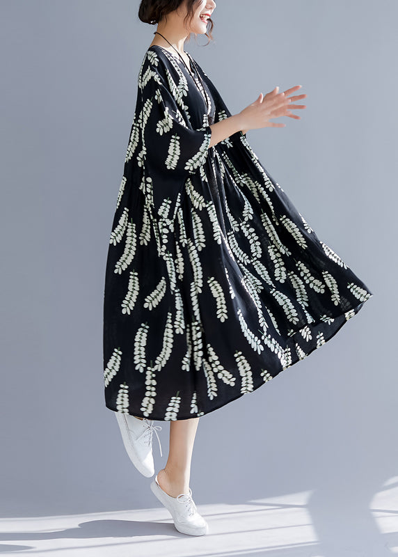 Classy V Neck Large Hem Linen Clothes for Catwalk Black Print Cotton Dresses Summer