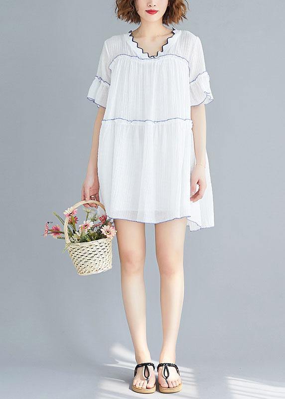 Classy V Neck Patchwork Clothes Pattern White Dress Summer