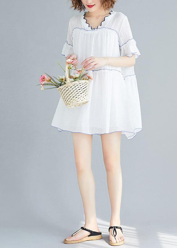 Classy V Neck Patchwork Clothes Pattern White Dress Summer