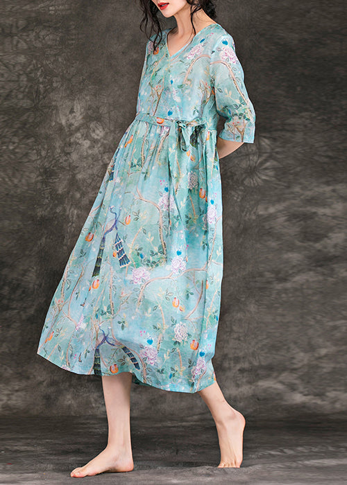 Classy V Neck Tie Waist Linen Dress Pakistani Work Light Blue Dress Summer