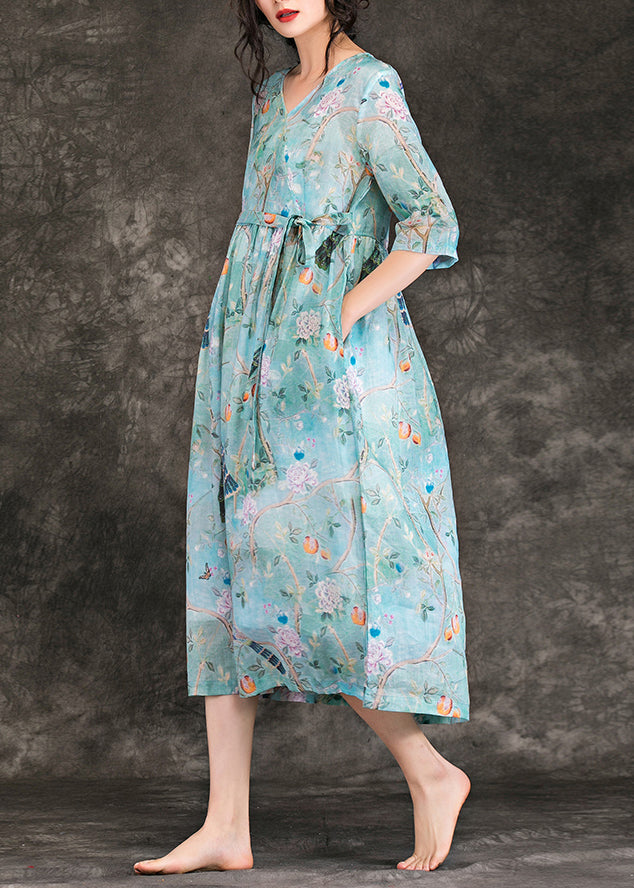 Classy V Neck Tie Waist Linen Dress Pakistani Work Light Blue Dress Summer
