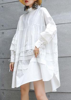 Classy White Cotton Tunic Top Puff Sleeve Short Fall Dresses