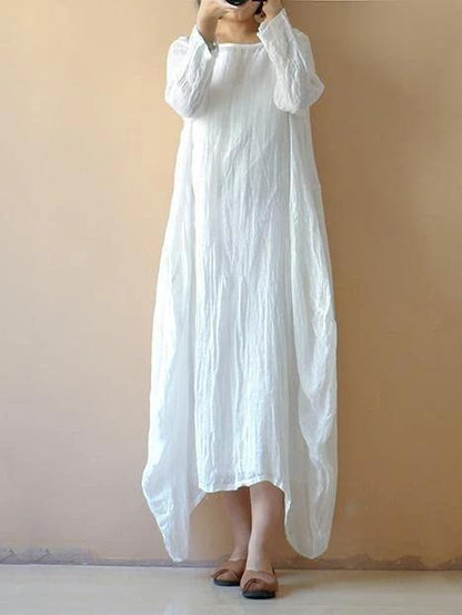 Classy White Cotton Clothes O Neck Asymmetric Spring Dresses