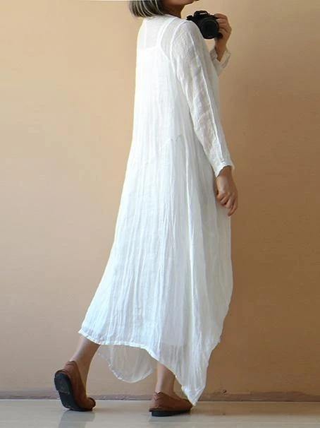 Classy White Cotton Clothes O Neck Asymmetric Spring Dresses